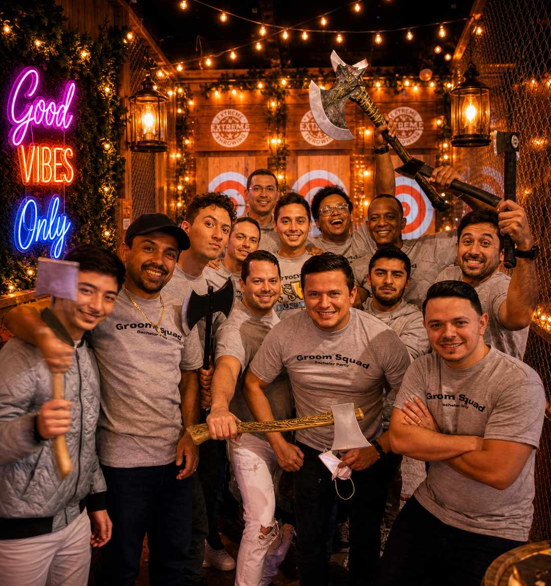 Bachelor party group enjoying indoor axe throwing in Hollywood Florida