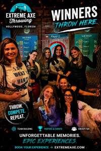 Group of women celebrating axe throwing experience at Extreme Axe Throwing Hollywood Florida