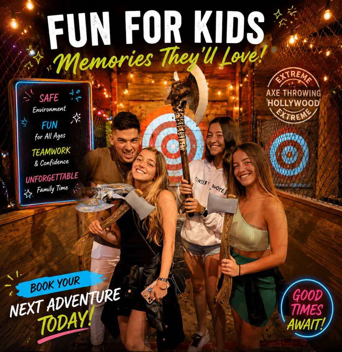 Kids and teens enjoying safe indoor axe throwing at Extreme Axe Throwing Hollywood