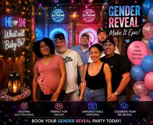 Gender reveal party celebration at Extreme Axe Throwing Hollywood in South Florida