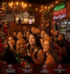 Holiday party group enjoying indoor axe throwing at Extreme Axe Throwing Hollywood