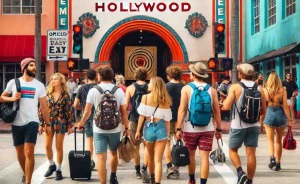 Local tourists enjoying an exciting axe throwing experience at Extreme Axe Throwing Hollywood in Florida. The indoor venue features well-lit targets, professional instructors, and a lively atmosphere with groups celebrating successful throws.