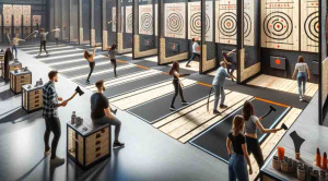 A modern indoor axe throwing venue at Extreme Axe Throwing Hollywood, featuring high-tech scoring systems, professional instructors, safety barriers, and participants of all skill levels enjoying the experience in a lively atmosphere.