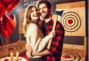 A romantic scene of a couple at Extreme Axe Throwing Hollywood, enjoying a Valentine's Day date. The venue is decorated with heart-shaped balloons, and a heart-shaped target is visible in the background as they take turns throwing axes and sharing laughs.
