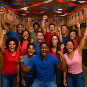 A group of sixteen people celebrating indoors at an axe throwing venue decorated with red, white, and blue streamers and American flags for the Fourth of July. They are smiling, cheering, and wearing festive clothing in patriotic colors.