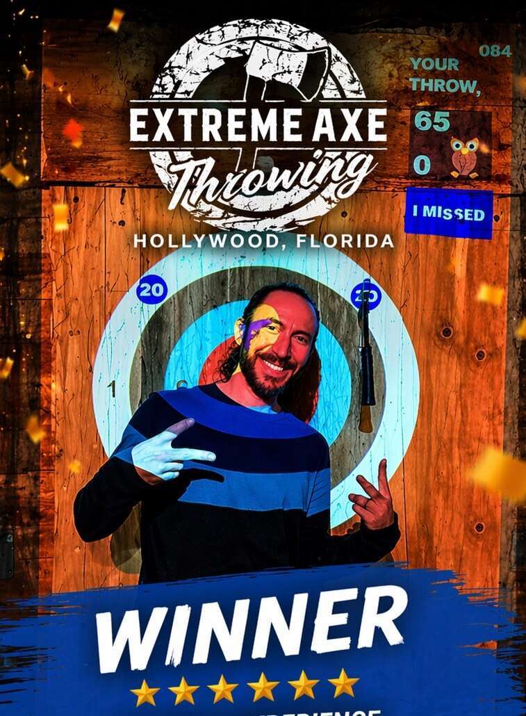 Winner at Extreme Axe Throwing Hollywood Florida celebrating bullseye axe throw experience