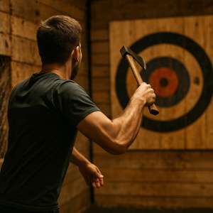 Axe throwing athlete aiming at wooden target during throw