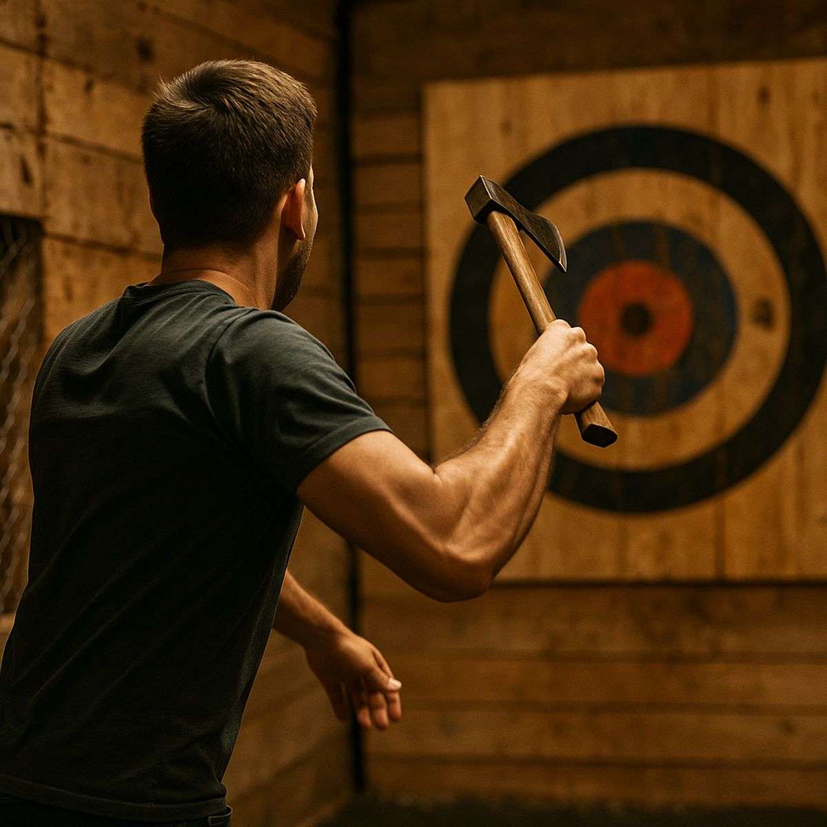 Axe throwing athlete aiming at wooden target during throw