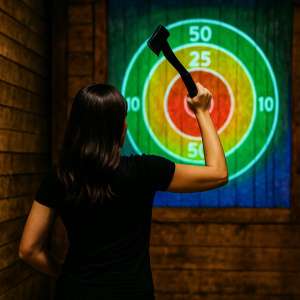 Woman throwing an axe at an interactive projected target at Extreme Axe Throwing in Hollywood, FL