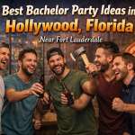 Bachelor party group enjoying axe throwing in Hollywood Florida near Fort Lauderdale