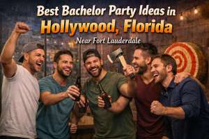 Bachelor party group enjoying axe throwing in Hollywood Florida near Fort Lauderdale