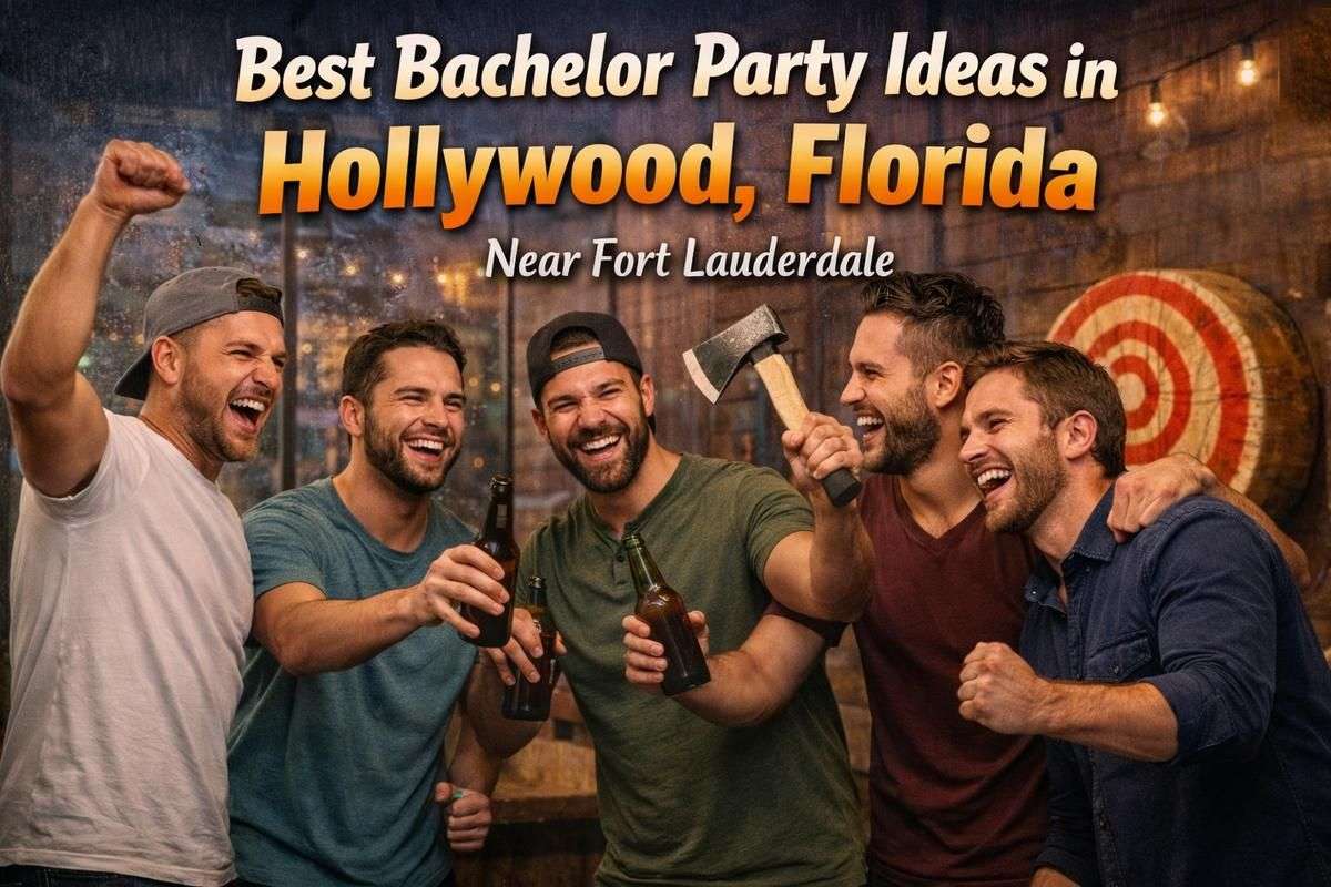 Bachelor party group enjoying axe throwing in Hollywood Florida near Fort Lauderdale