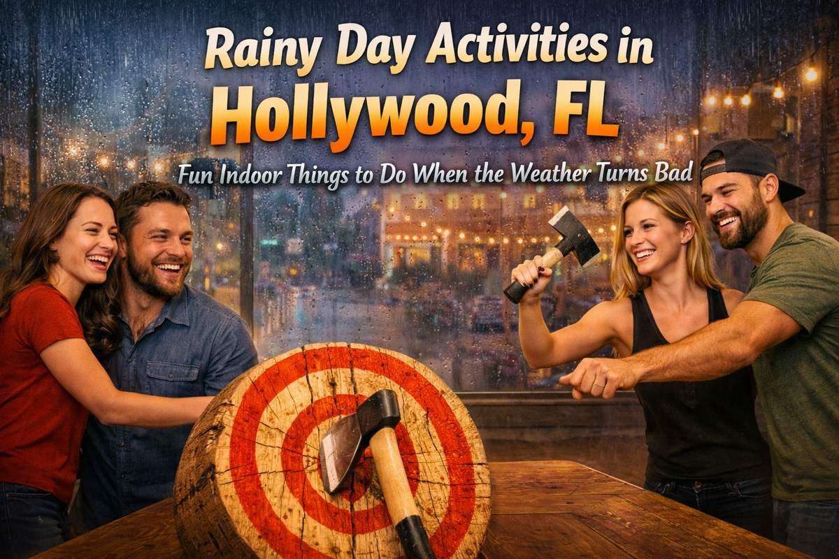 Rainy day indoor activity in Hollywood FL axe throwing at Extreme Axe Throwing