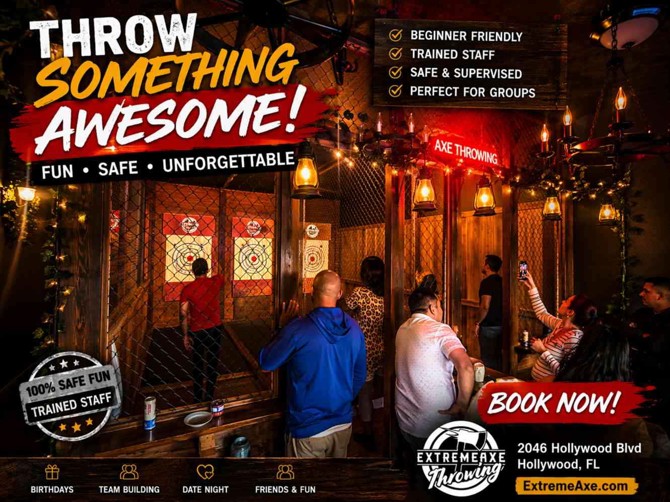 People enjoying axe throwing lanes at Extreme Axe Throwing Hollywood Florida safe group activity