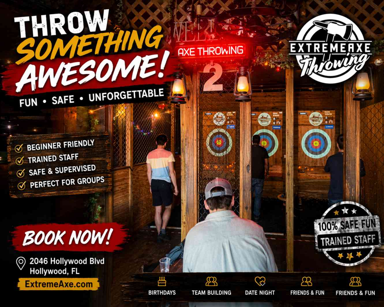 Indoor axe throwing targets and players at Extreme Axe Throwing Hollywood Florida