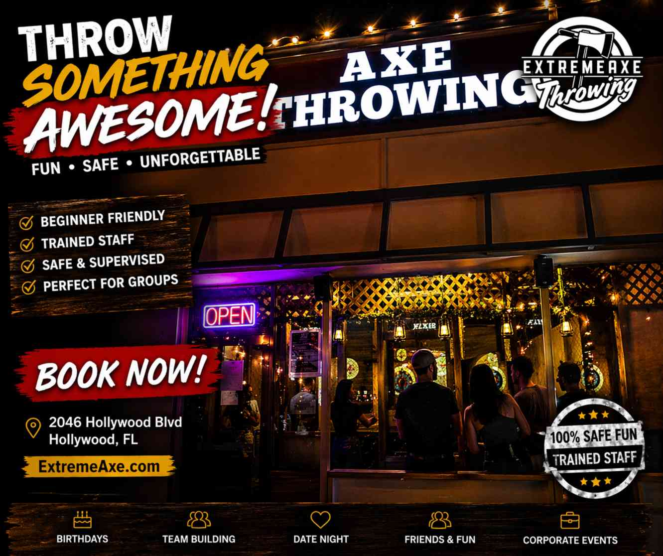 People enjoying axe throwing at night outside Extreme Axe Throwing Hollywood Florida