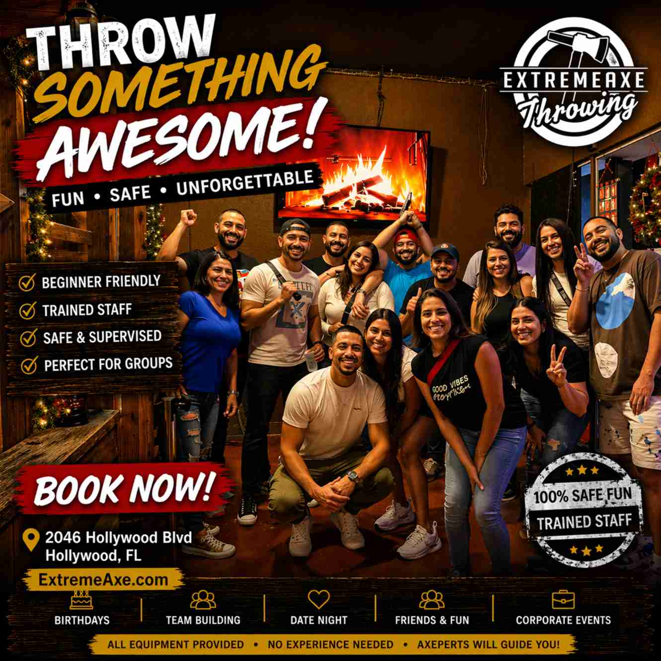 Large group celebrating inside Extreme Axe Throwing Hollywood Florida indoor group activity
