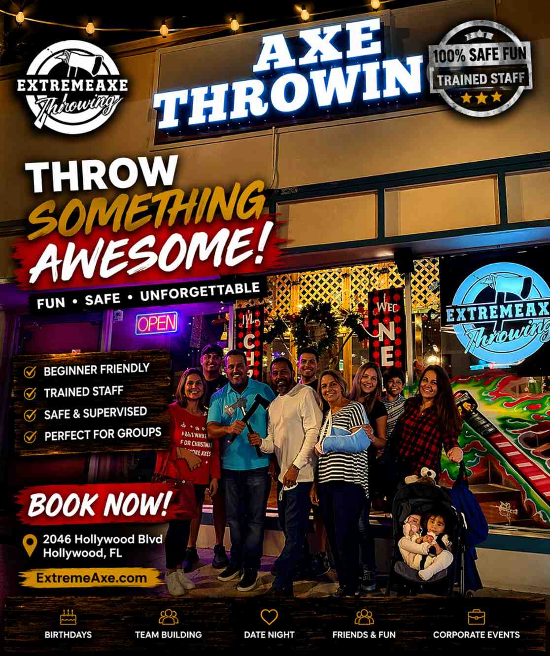 Group enjoying axe throwing outside venue at night in Hollywood Florida team building activity