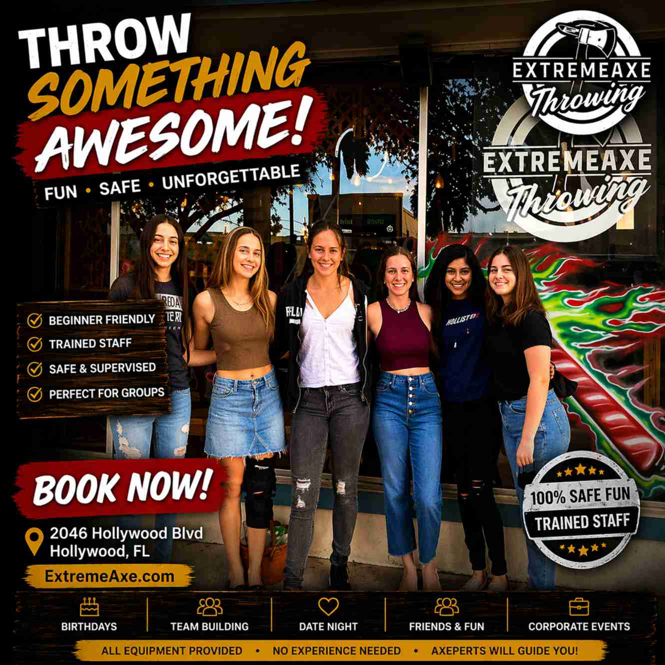 Group of friends standing outside Extreme Axe Throwing in Hollywood Florida fun group activity