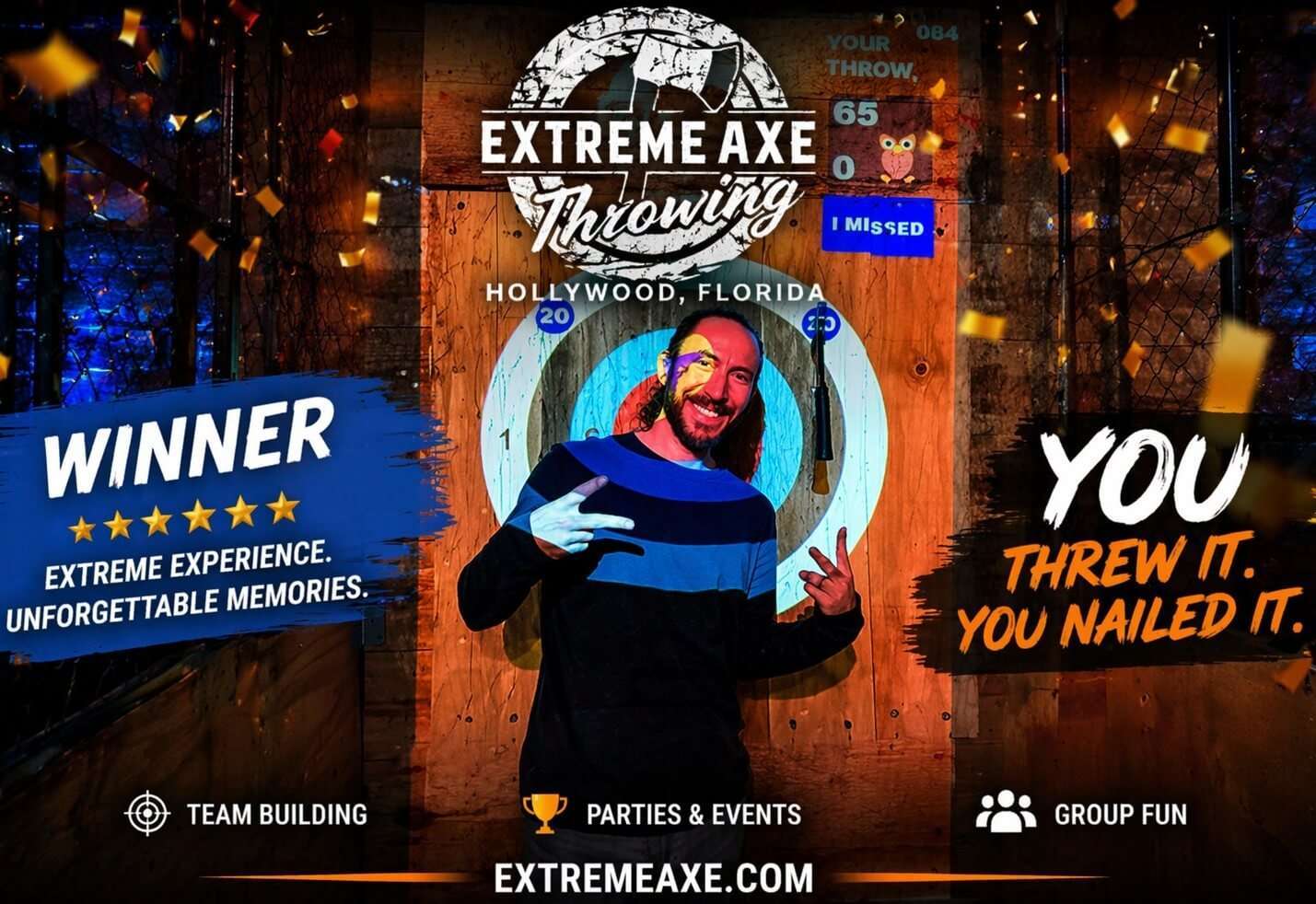 Man celebrating winning axe throw with confetti at Extreme Axe Throwing Hollywood Florida
