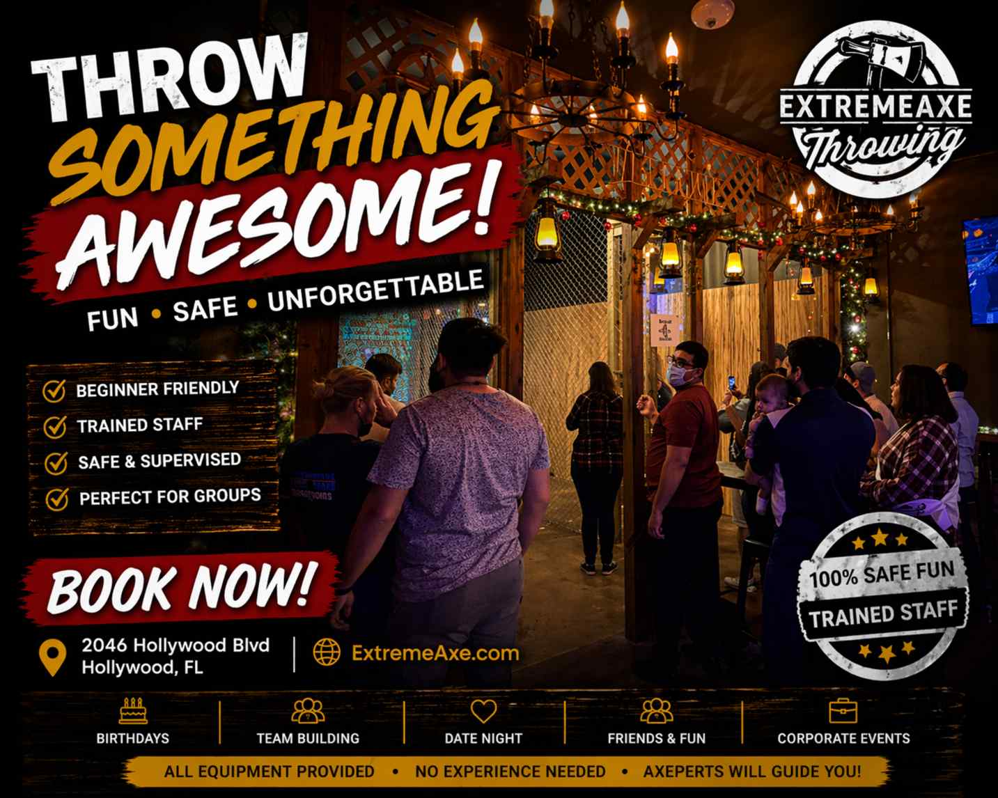 Group enjoying axe throwing lanes at Extreme Axe Throwing Hollywood Florida indoor activity