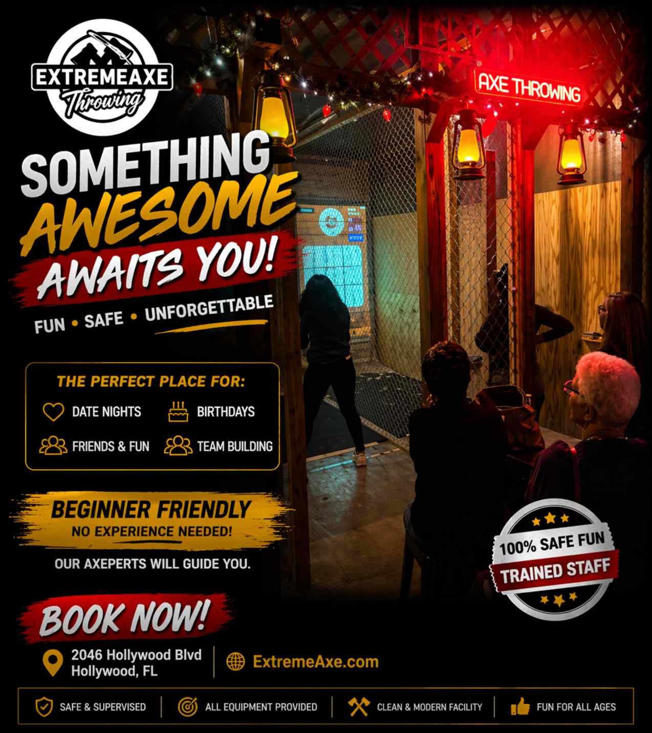 People enjoying axe throwing game night at Extreme Axe Throwing Hollywood Florida group activity