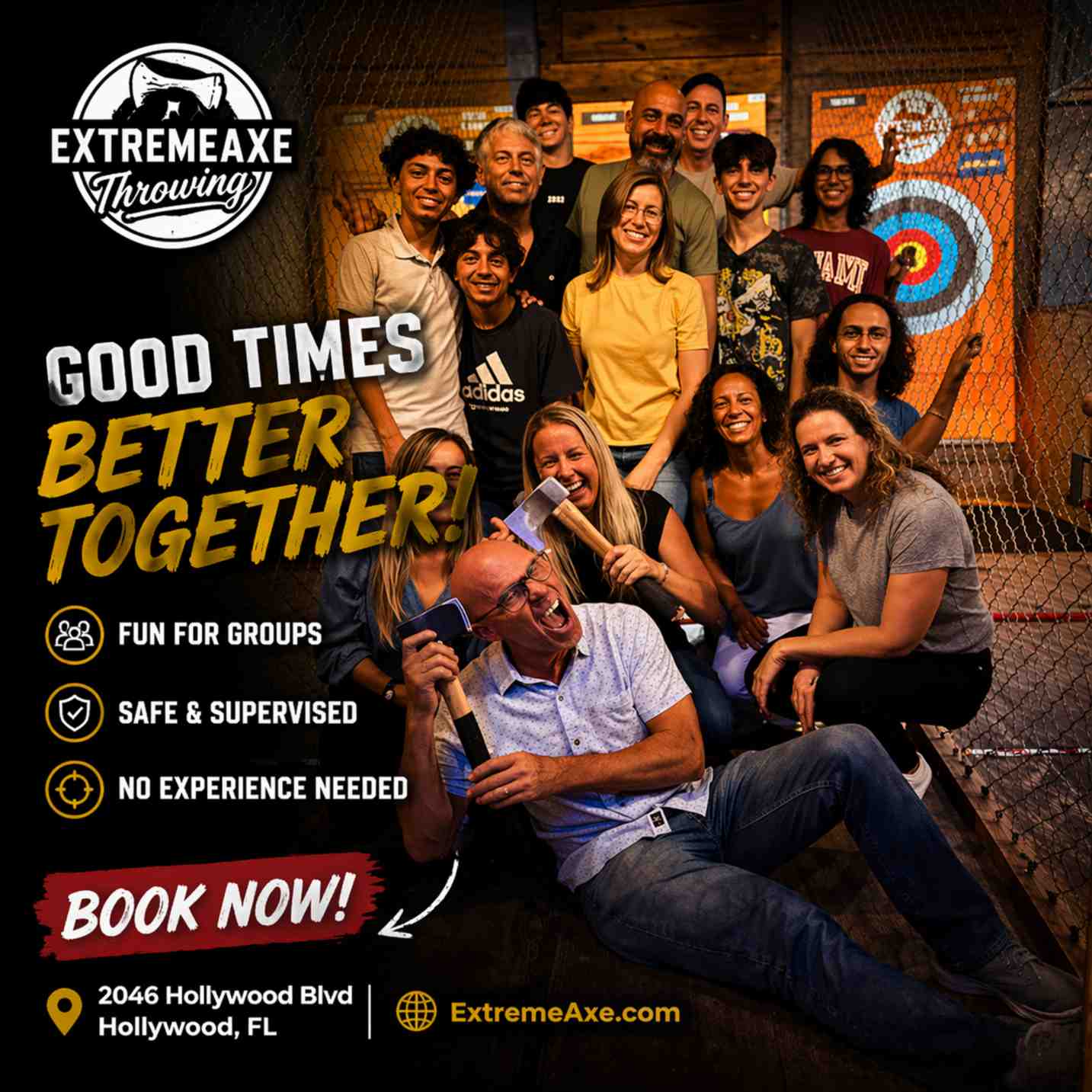 Group of friends enjoying axe throwing at Extreme Axe Throwing in Hollywood Florida safe fun group activity