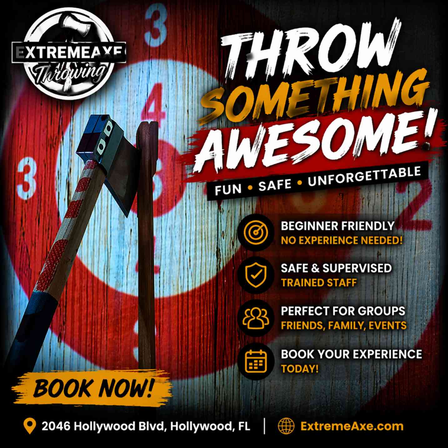 Axe hitting target at Extreme Axe Throwing Hollywood Florida beginner friendly safe activity
