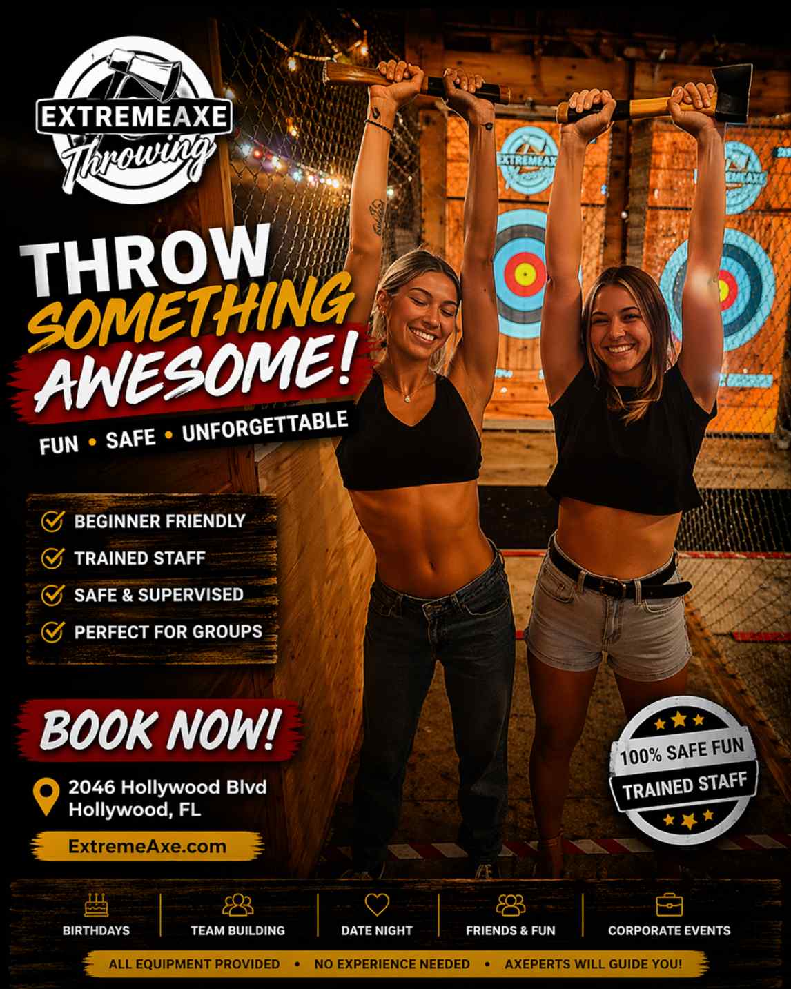 Two women holding axes at Extreme Axe Throwing Hollywood Florida beginner friendly activity