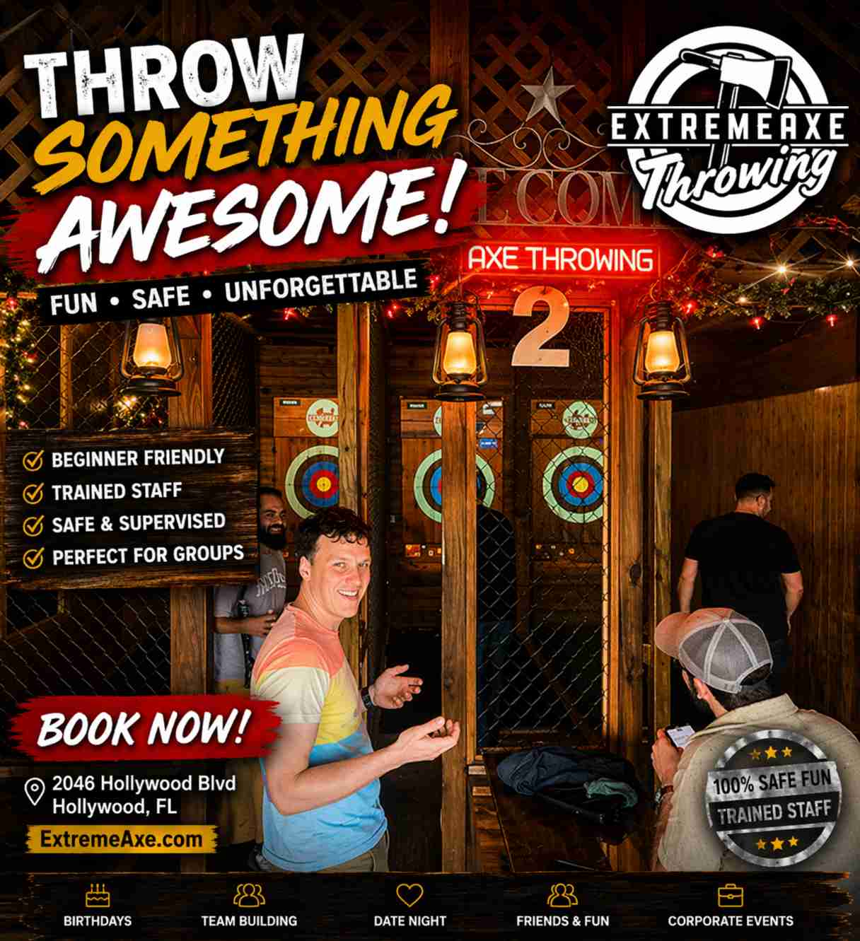 Axe throwing lanes with players at Extreme Axe Throwing Hollywood Florida indoor activity