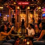 Friends enjoying indoor axe throwing nightlife in a cozy South Florida entertainment venue