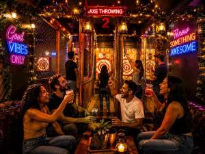 Friends enjoying indoor axe throwing nightlife in a cozy South Florida entertainment venue