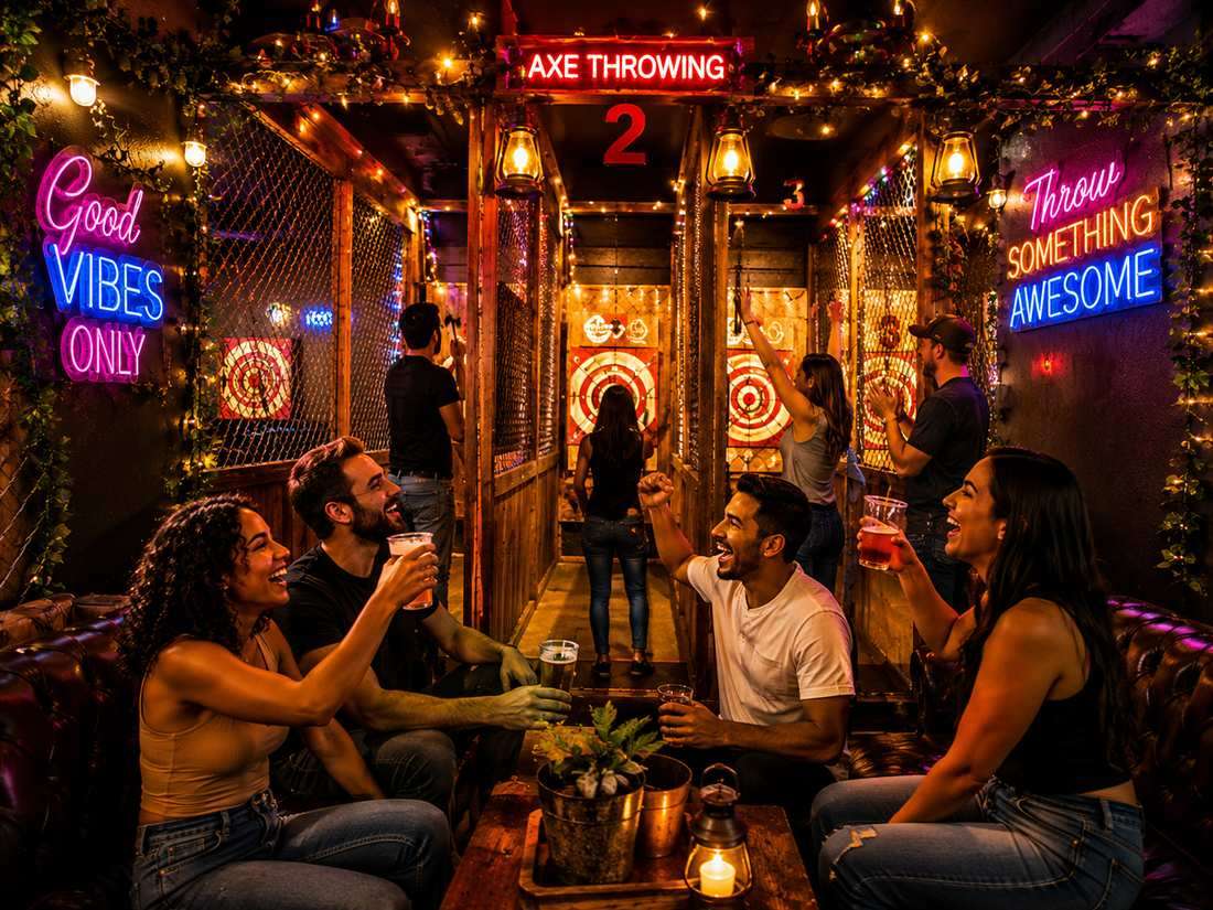 Friends enjoying indoor axe throwing nightlife in a cozy South Florida entertainment venue